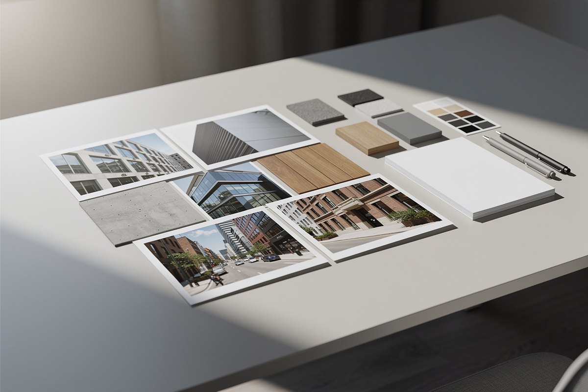 Mood board avec photos, matériaux et contexte pour un brief insertion 3D crédible.