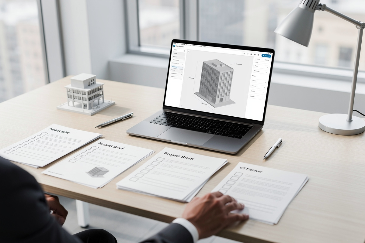 Espace de travail avec checklists et dossiers pour une FAQ sur le brief insertion 3D.