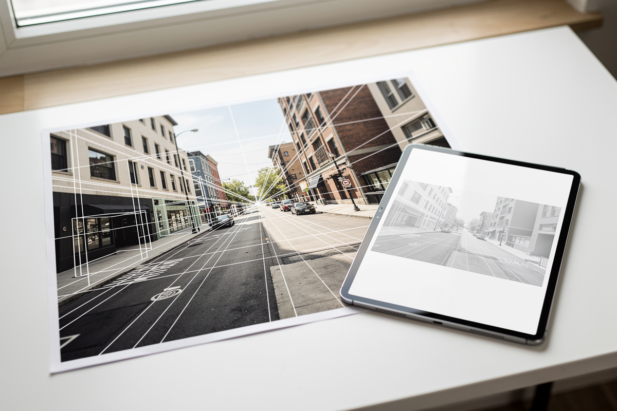 Analyse de perspective visuelle avec ligne d’horizon et points de fuite pour la calibration perspective.