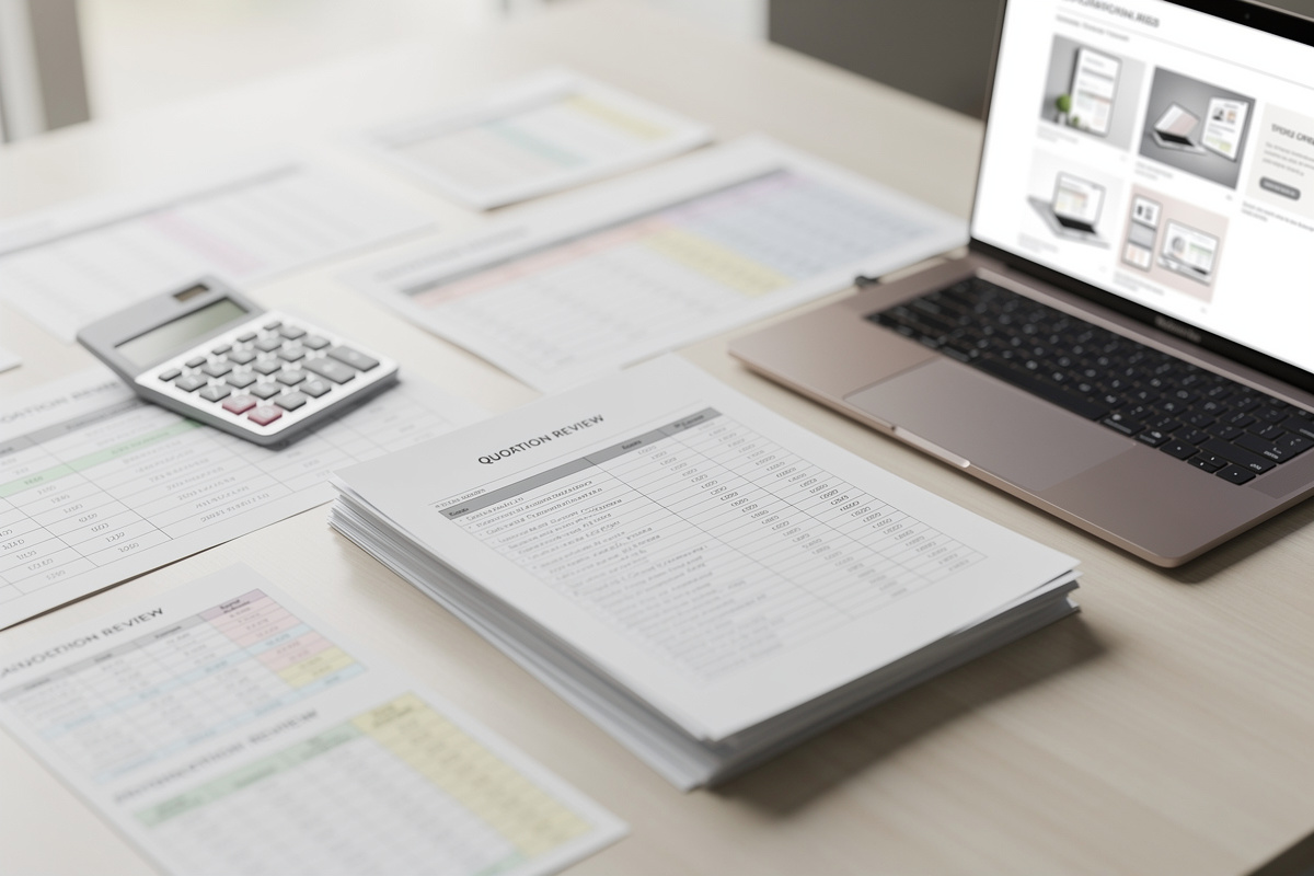 Lecture d’un devis de rendu 3D avec calculatrice et documents de projet