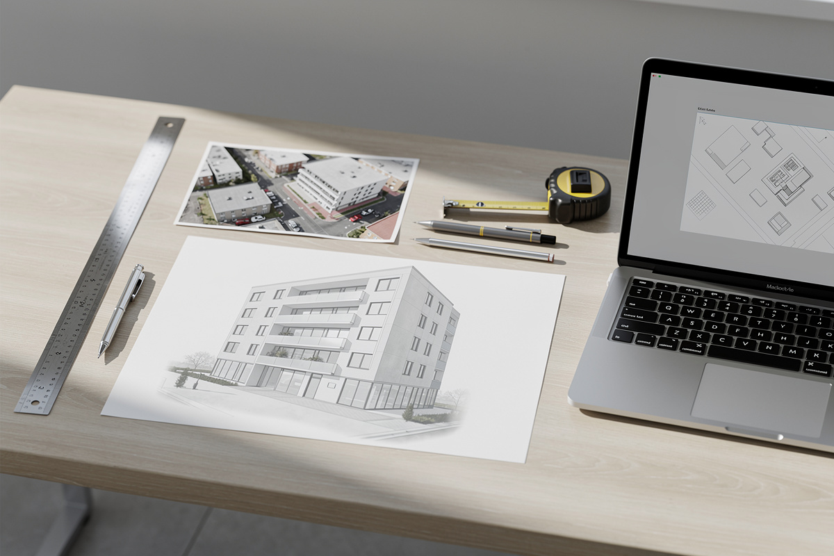 Préparation d’un dp4 lisible avec plans, photo du site et outils de dessin
