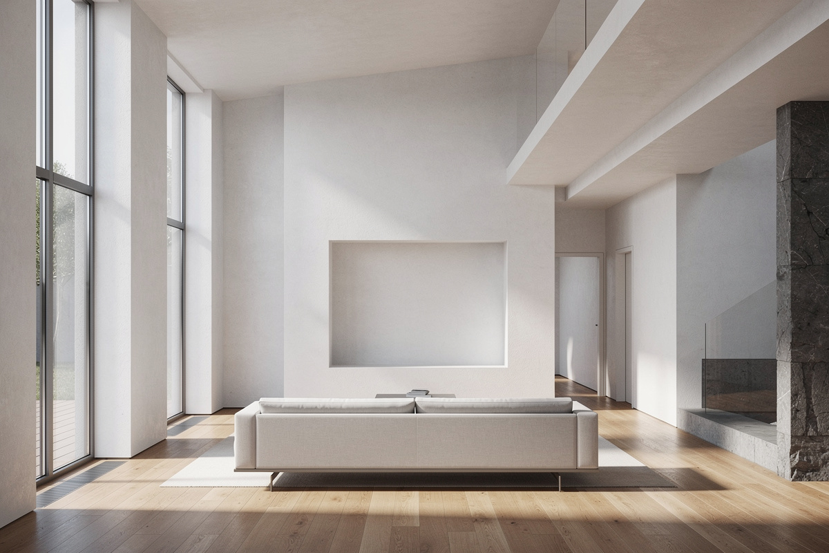 Intérieur 3D mettant en valeur l’eclairage architectural et la lecture des volumes