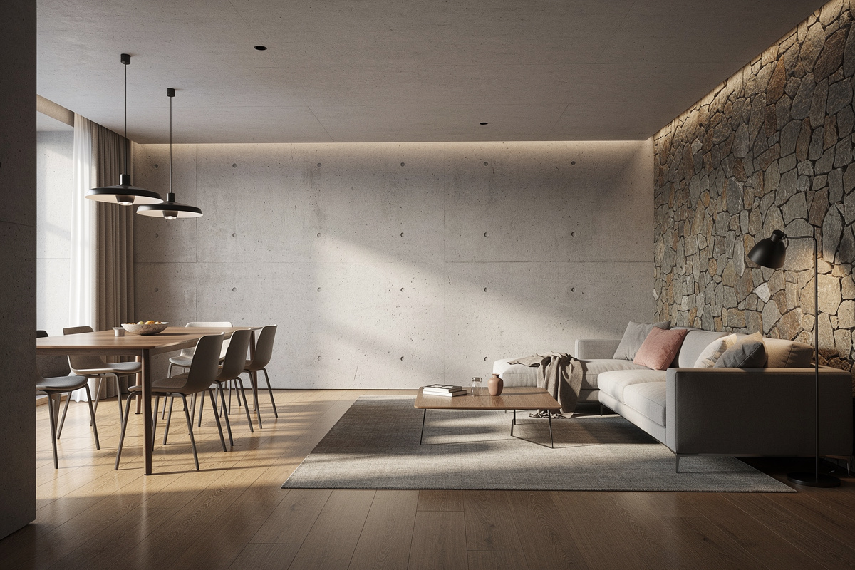 Rendu 3D réaliste avec matériaux PBR, ombres maîtrisées et eclairage architectural