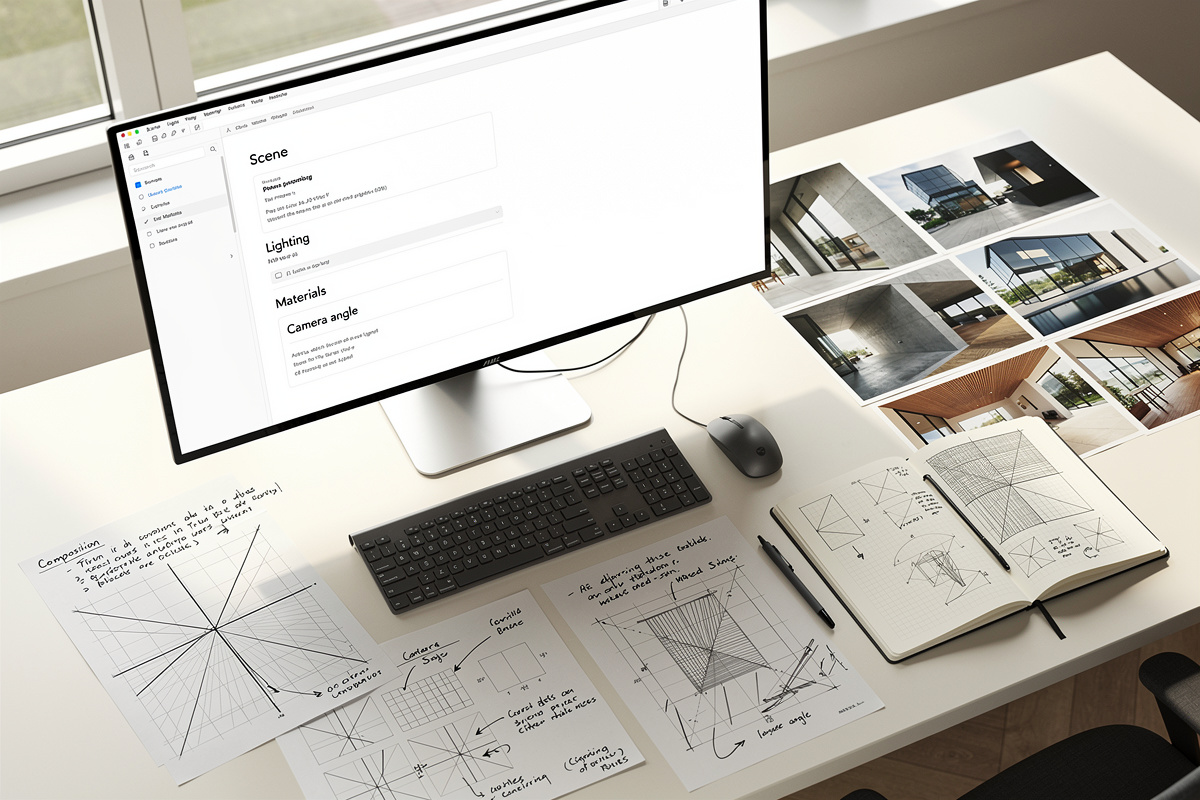 Rédaction d'un prompt pour l'ia generation images architecture sur un bureau d'architecte