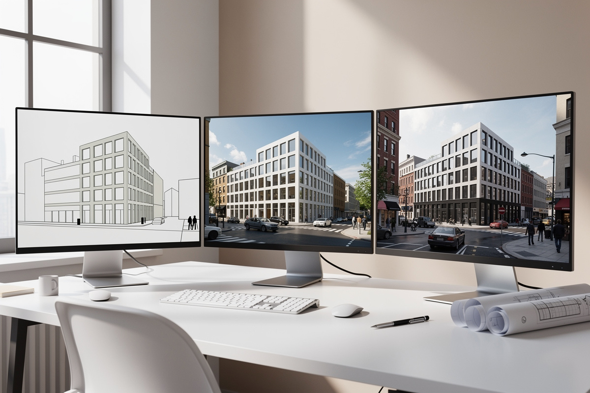 Photorealisme et insertion photo en ia generation images architecture avec trois niveaux de rendu