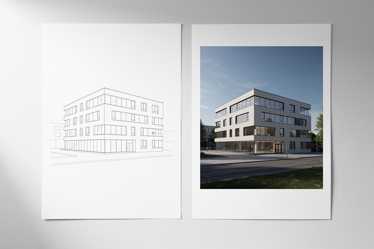 Comparaison entre une perspective réglementaire DP6 et une insertion 3D architecturale haute qualité pour permis de construire