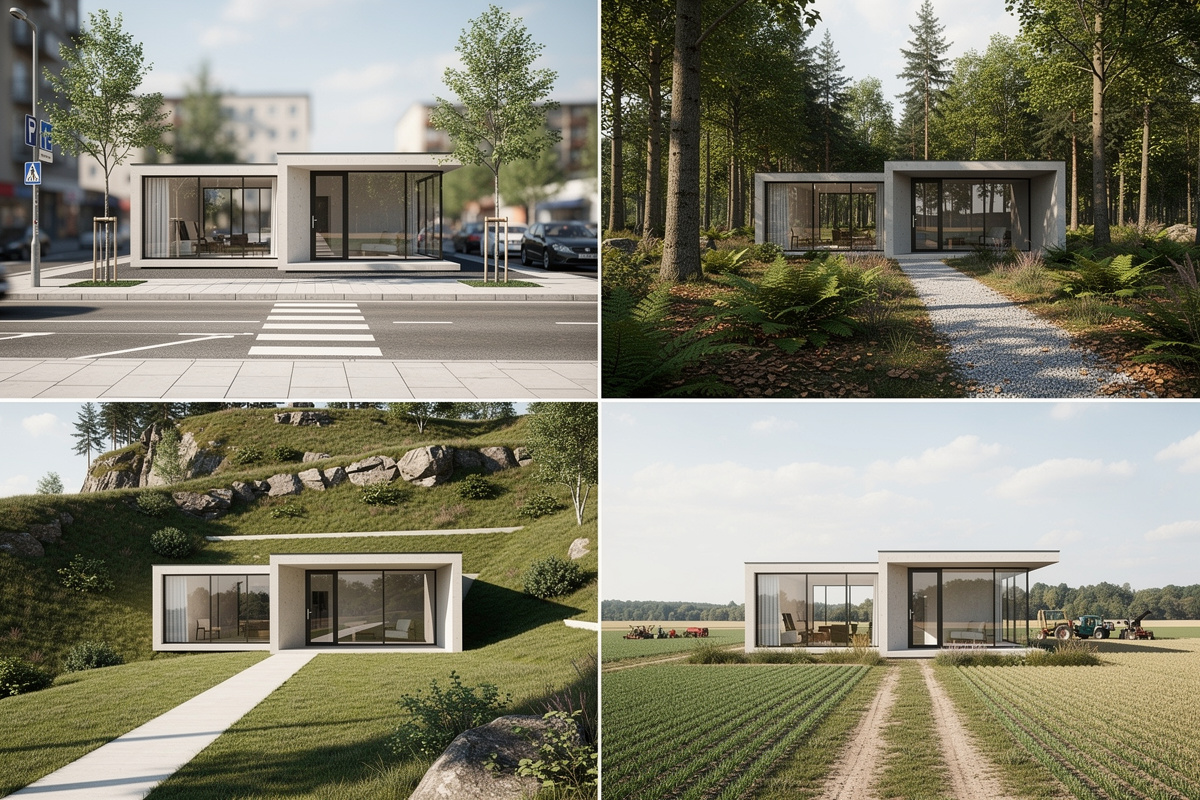 Insertion 3D adaptée à une pente, une lisière urbaine, un bois et un milieu agricole