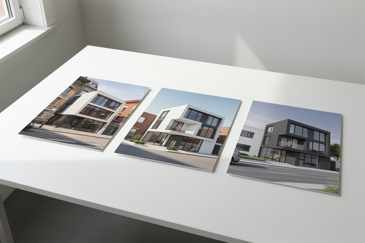 Comparatif visuel entre insertion architecturale 3D, insertion graphique et rendu 3D
