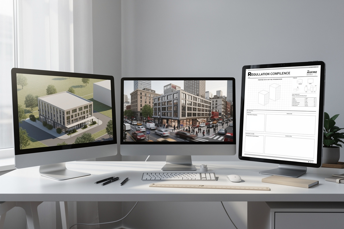 Comparatif visuel entre insertion graphique, photomontage et rendu réglementaire pour un dossier d’urbanisme.