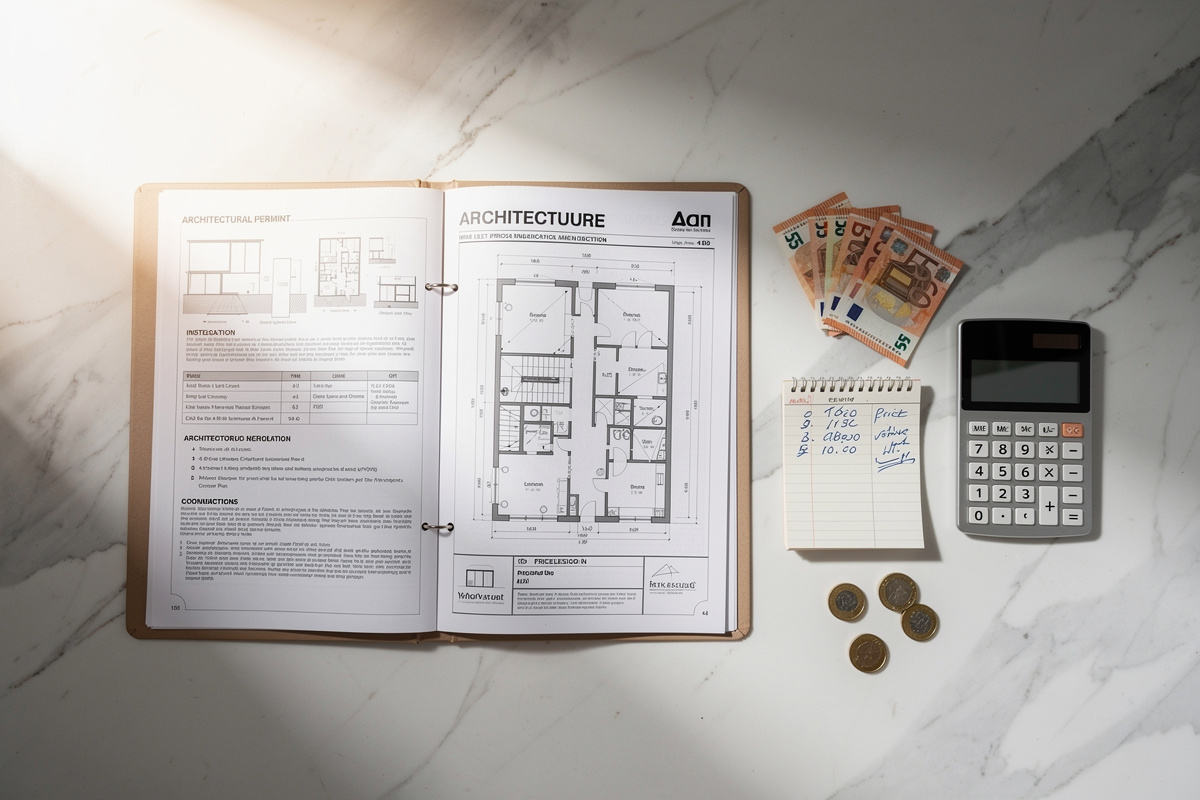 Grille tarifaire d'une insertion graphique permis de construire : documents et estimation de coûts sur un bureau professionnel