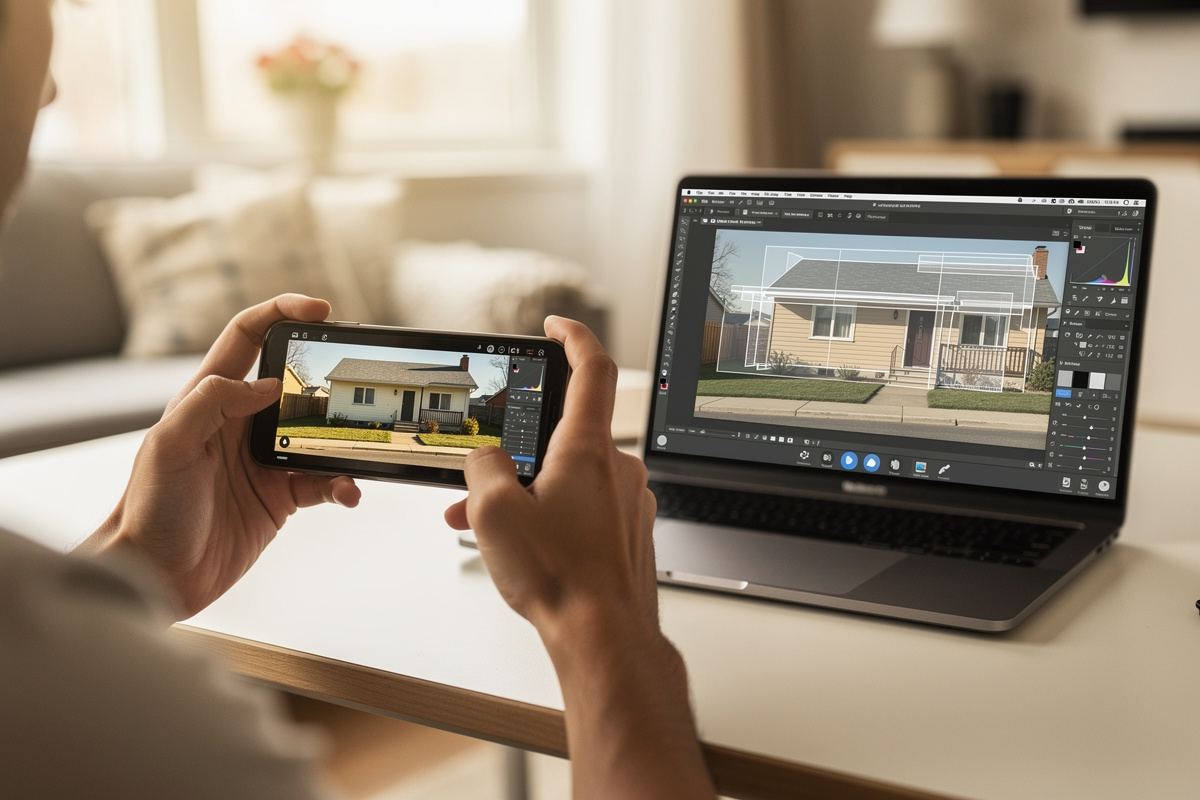Réalisation d'une insertion graphique soi-même : prise de vue depuis l'espace public et montage photo sur ordinateur