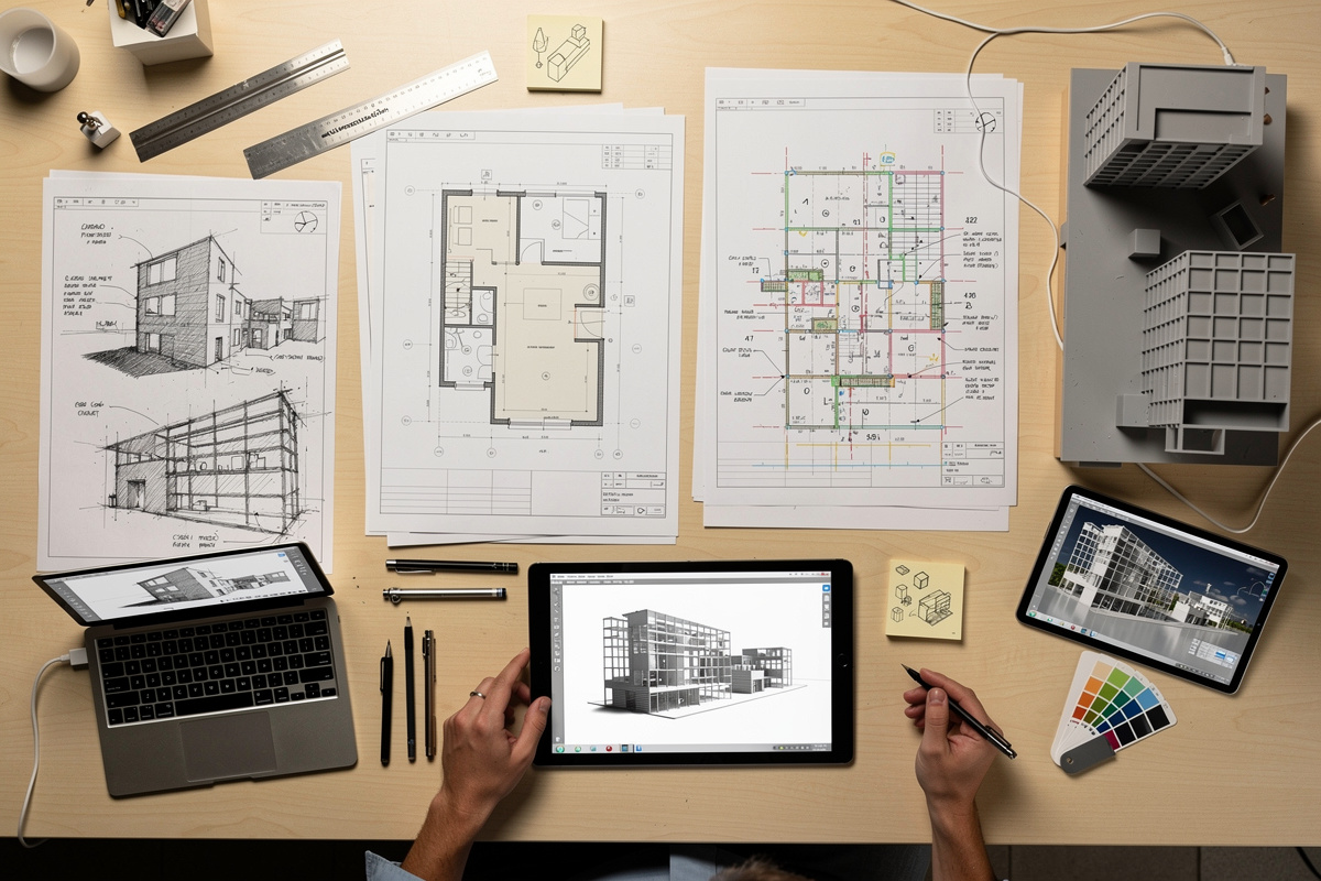 Vue d'ensemble des phases d'un projet architectural assistées par IA, de l'esquisse à la livraison du bâtiment