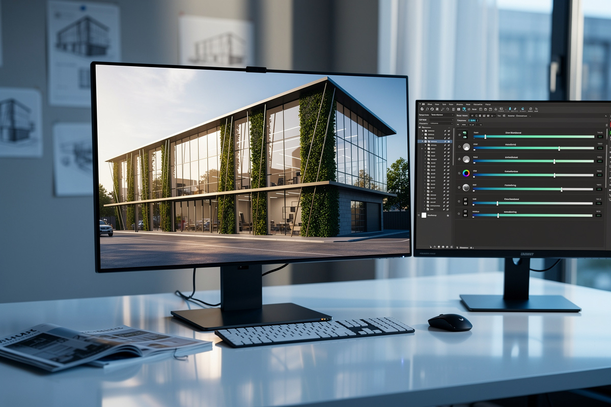 Rendu photoréaliste généré par intelligence artificielle en quelques minutes sur écran professionnel dans un cabinet d'architecture