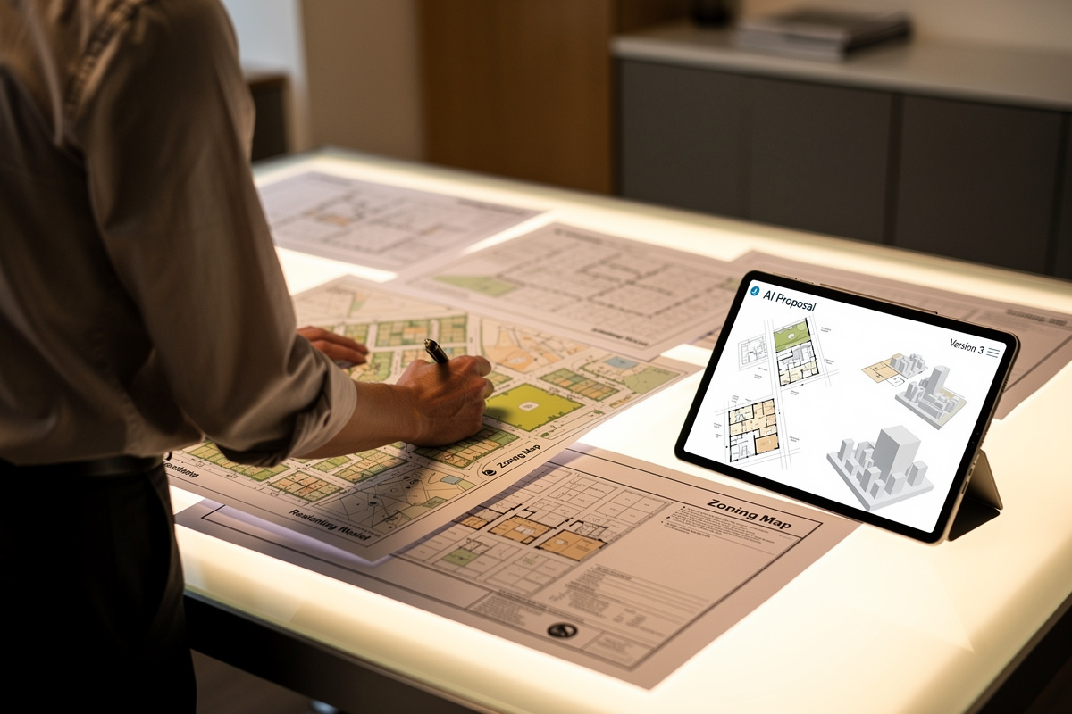 Architecte analysant la conformité réglementaire d'un projet, rappelant que l'intelligence artificielle ne remplace pas l'expertise juridique