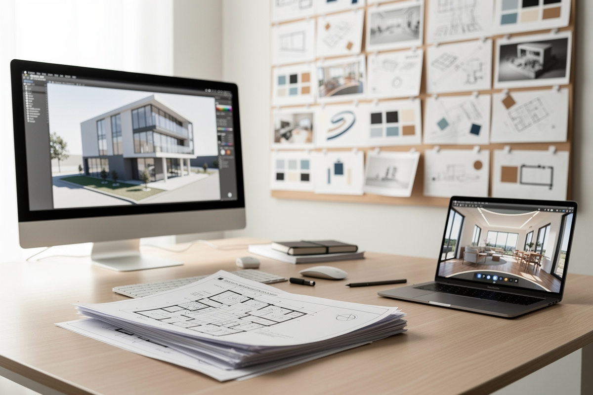 Formats de livrable visuel en architecture et immobilier dans un bureau moderne.