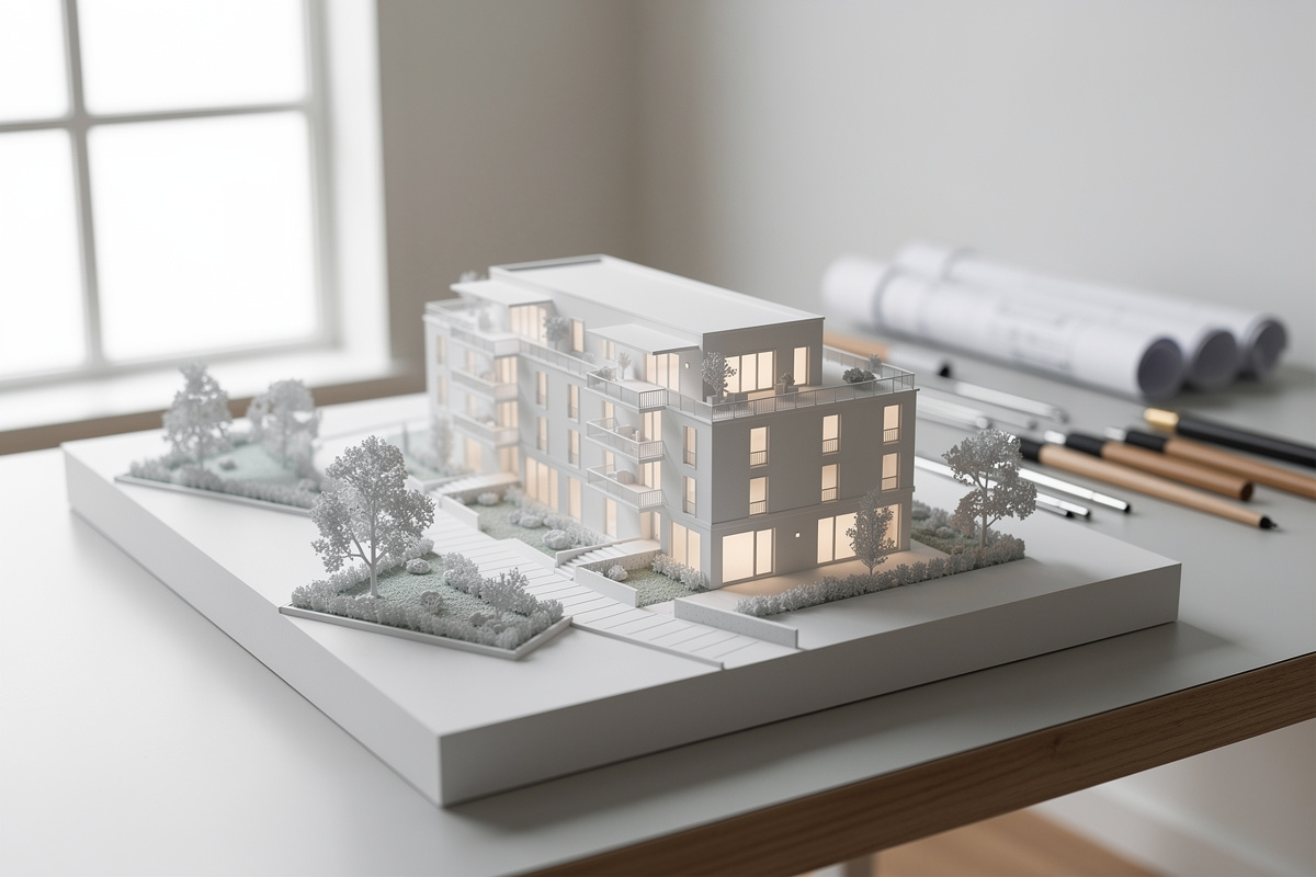 Maquette 3d architecture montrant les volumes, proportions et façades d’un futur bâtiment