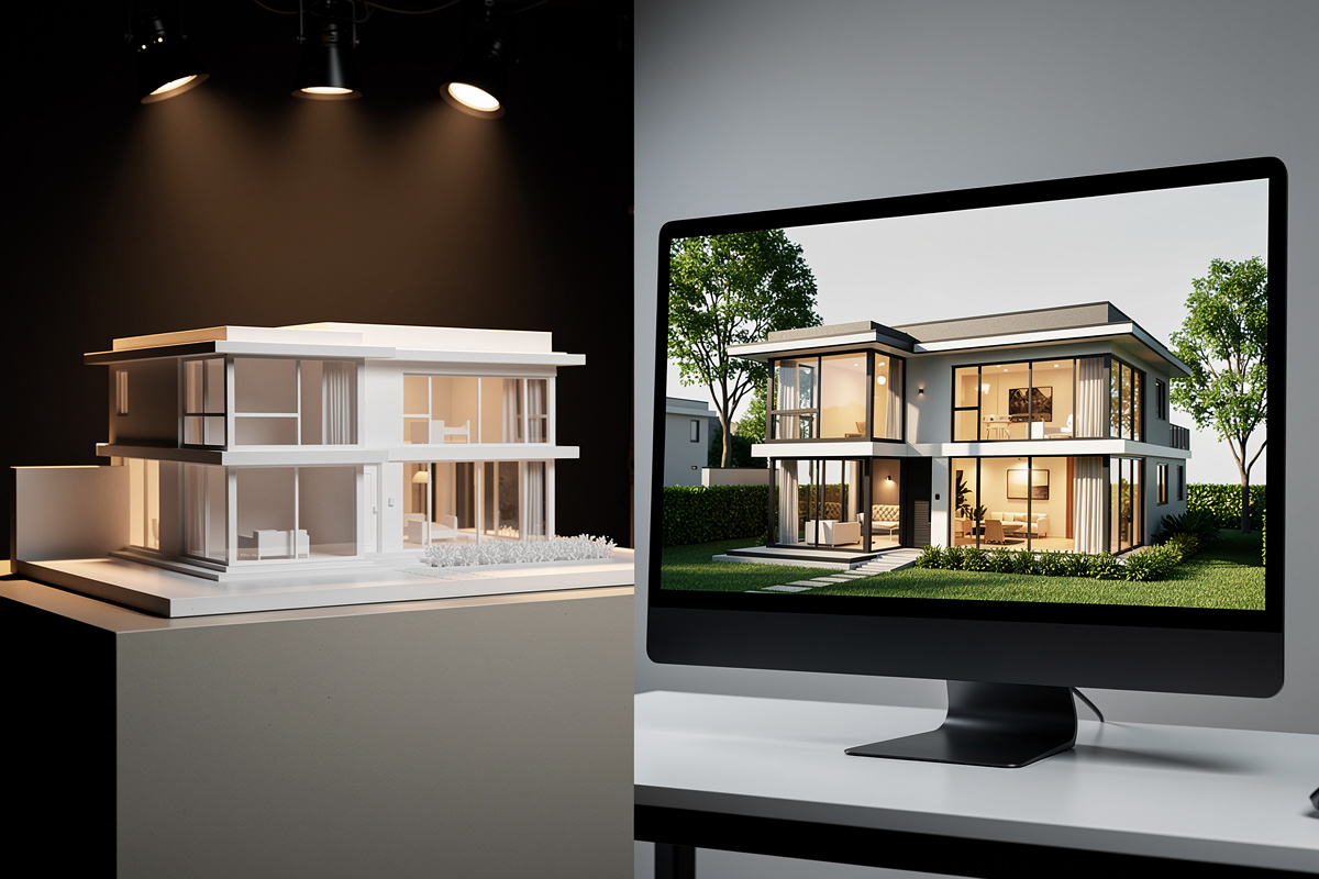 Comparaison maquette 3D physique en résine et maquette numérique sur écran pour un projet d'architecture résidentielle