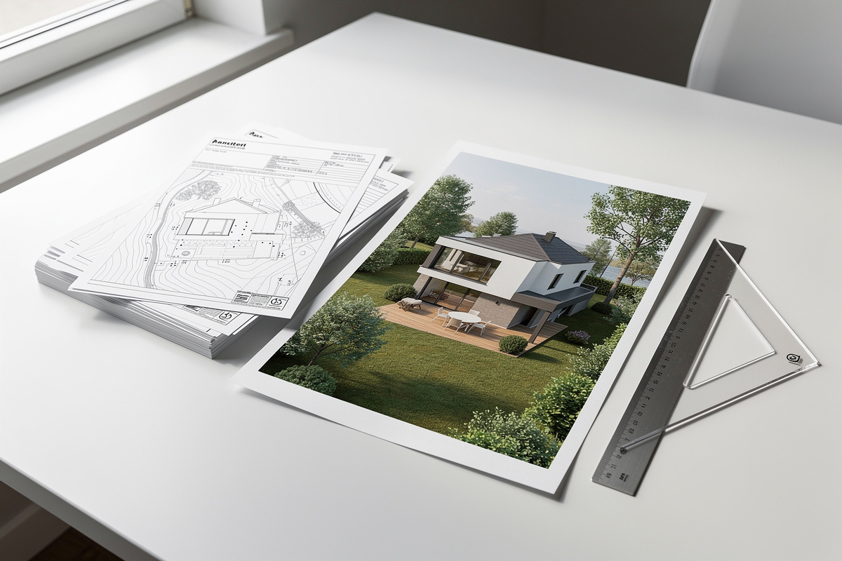 Dossier de permis de construire avec perspectives 3D et insertion paysagère imprimées pour un projet architectural