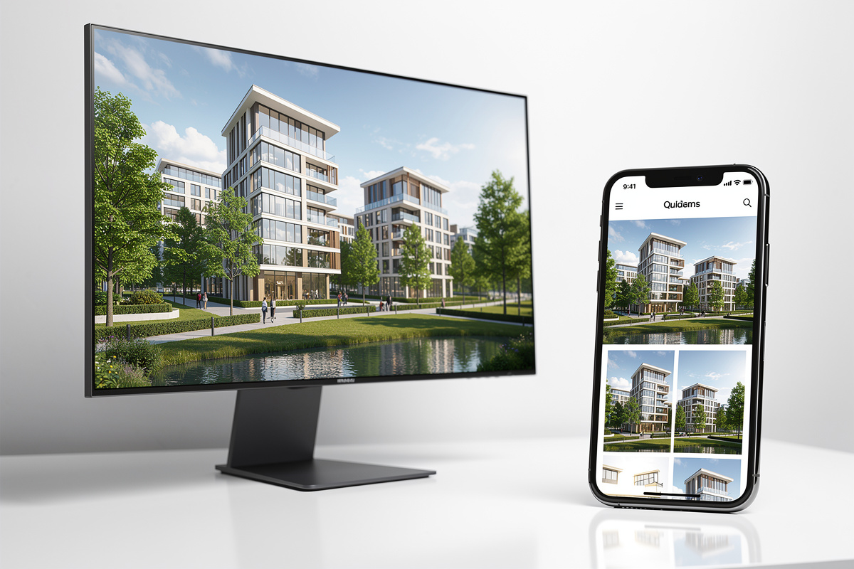 Stratégie marketing immobilier avec maquette 3D interactive sur écran et smartphone pour le lancement d'un programme VEFA