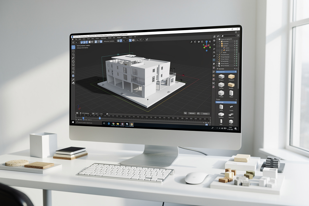 Scene organisee pour modelisation 3d batiment avec calques et hierarchy clairs