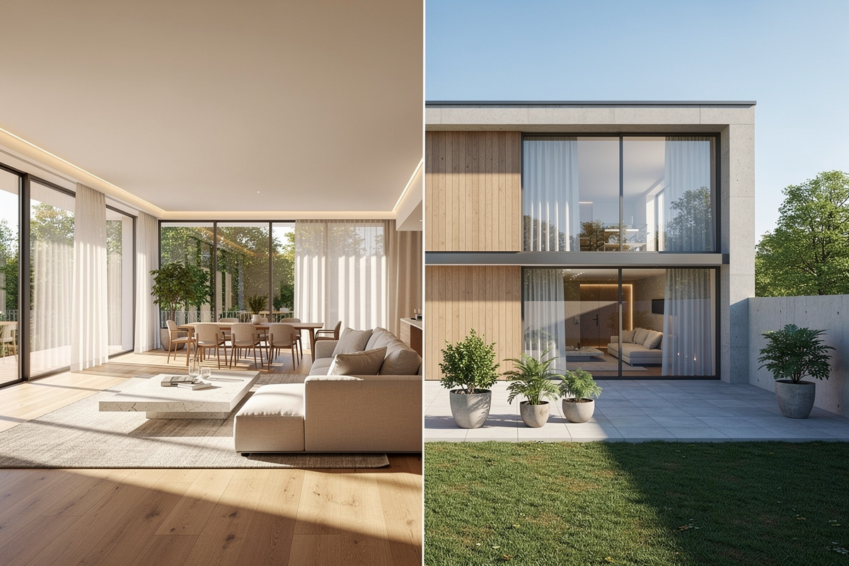 Perspective 3D architecture intérieure et extérieure montrant l’ambiance, la lumière et les matériaux.