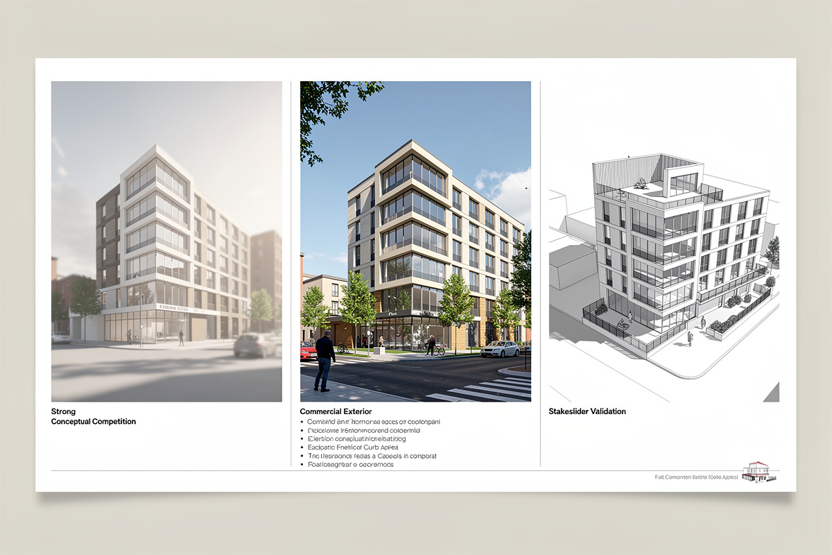 Choix de perspective 3D architecture selon le contexte du projet, du concours à la validation.