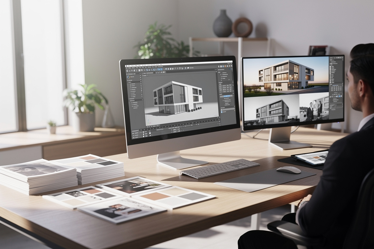 Workflow de perspective 3D architecture du brief au rendu final dans un studio professionnel.