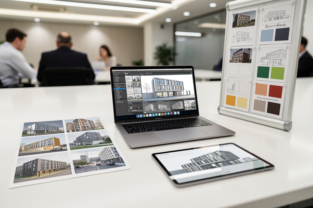 Workflow de photomontage architectural en bureau avec composition, validation et suivi client