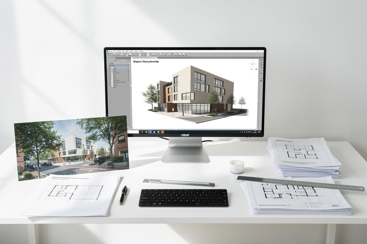 FAQ sur le photomontage architectural avec documents, maquette 3D et visuel de travail