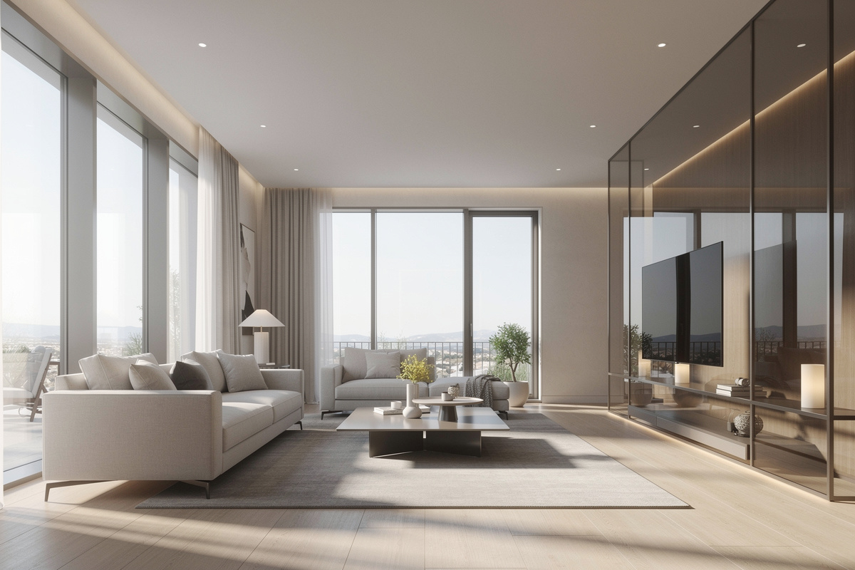 Rendu 3d architecture photoréaliste avec lumière naturelle, ombres maîtrisées et volumes bien sculptés