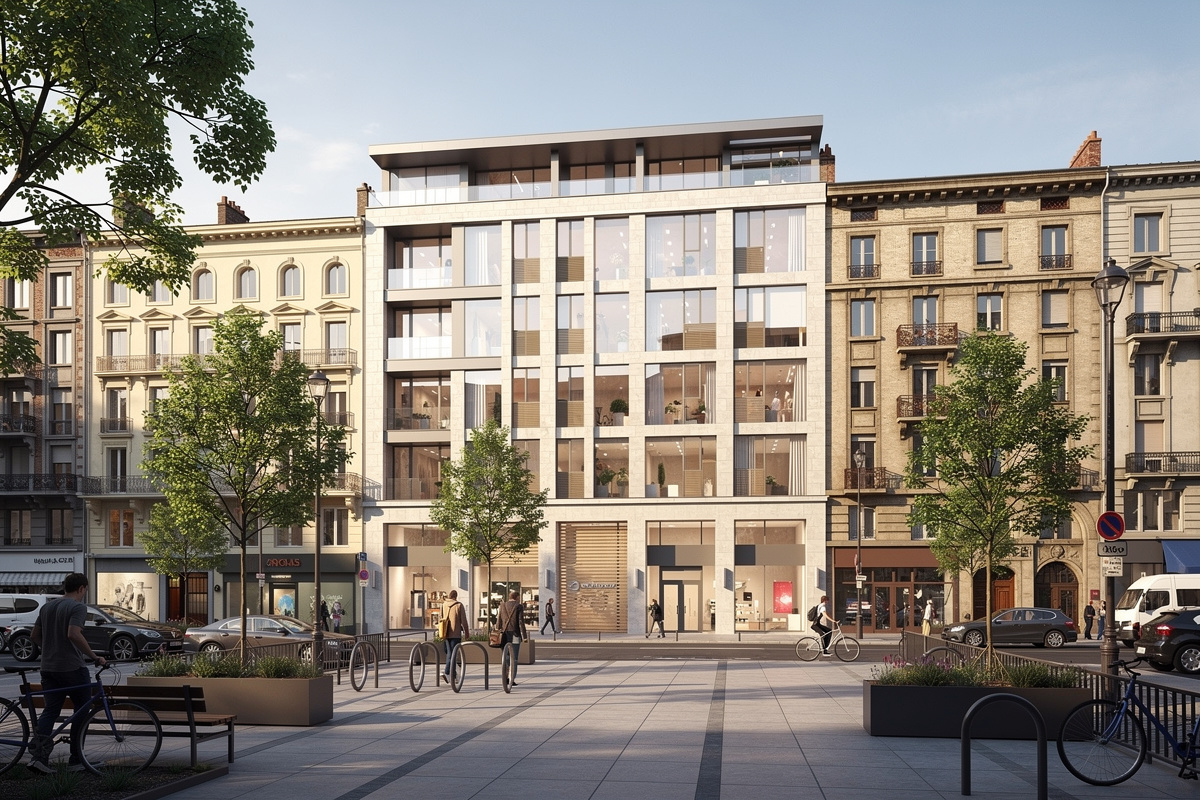 Simulation architecturale d’insertion urbaine avec un bâtiment projeté dans son quartier