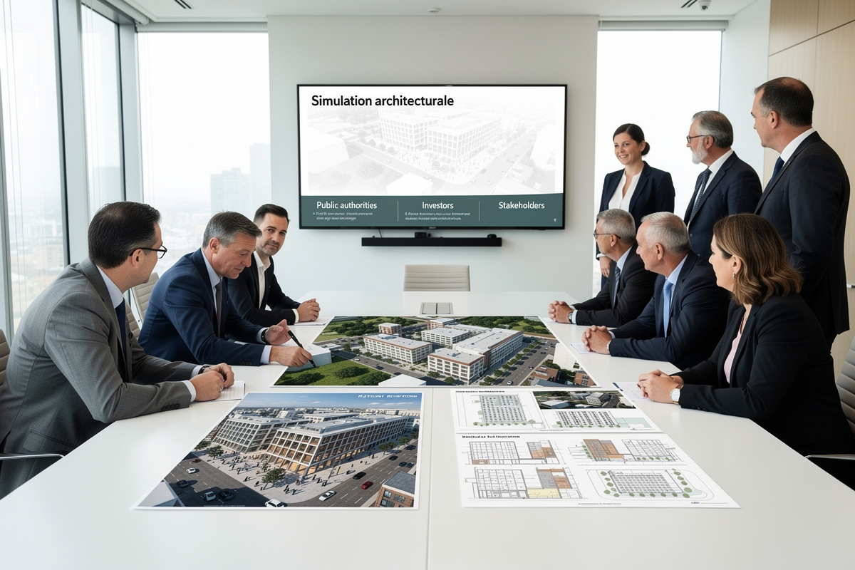 Simulation architecturale présentée selon l’interlocuteur autour d’une table de validation