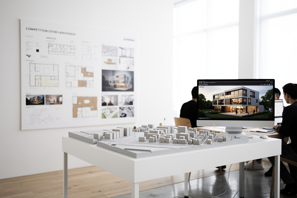 Comparaison de projets en studio visualisation architecturale avec concours, urbanisme et précommercialisation