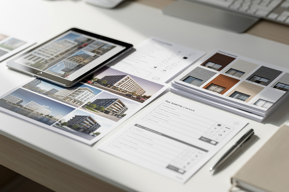 Livrables de studio visualisation architecturale avec vues, formats et variantes alignés sur un bureau
