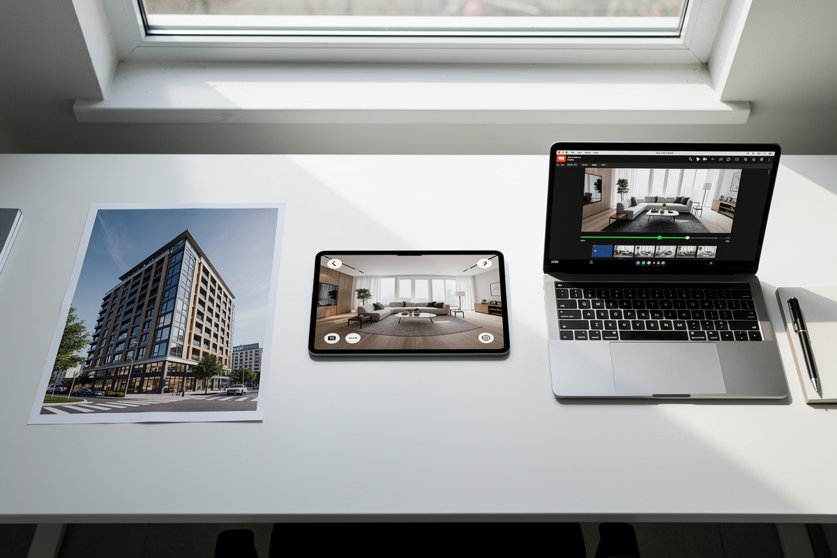 Les trois typologies de rendu 3D architectural — image fixe, panorama 360 et animation — présentées sur supports professionnels