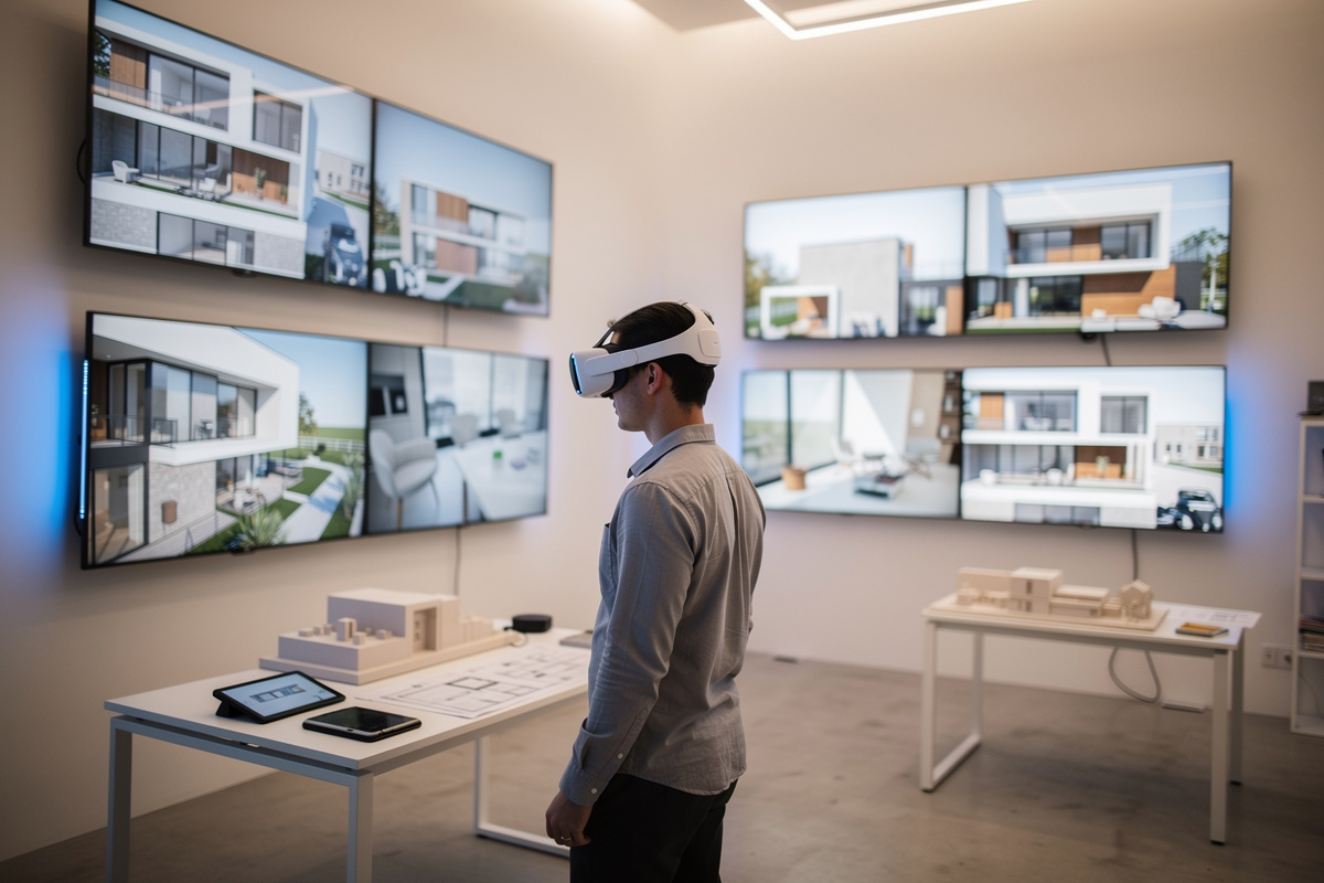 Visite virtuelle immersive d'un projet architectural grâce à un casque VR dans un studio de visualisation professionnel