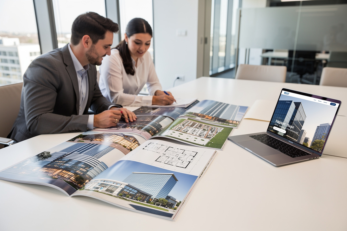 Sélection d'un prestataire de visualisation architecturale lors d'une réunion professionnelle avec portfolio de rendus 3D