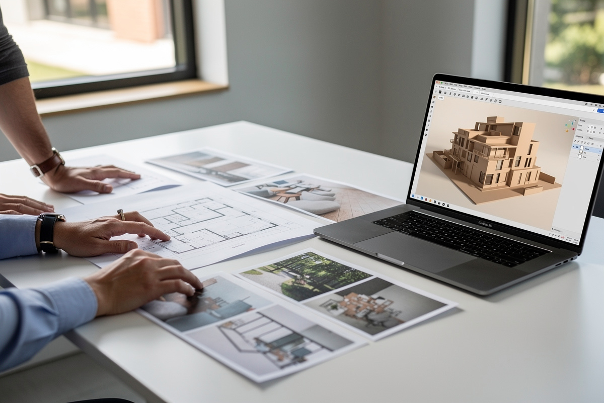 Préparation d’un brief de visualisation architecturale avec plans, références et maquette de projet