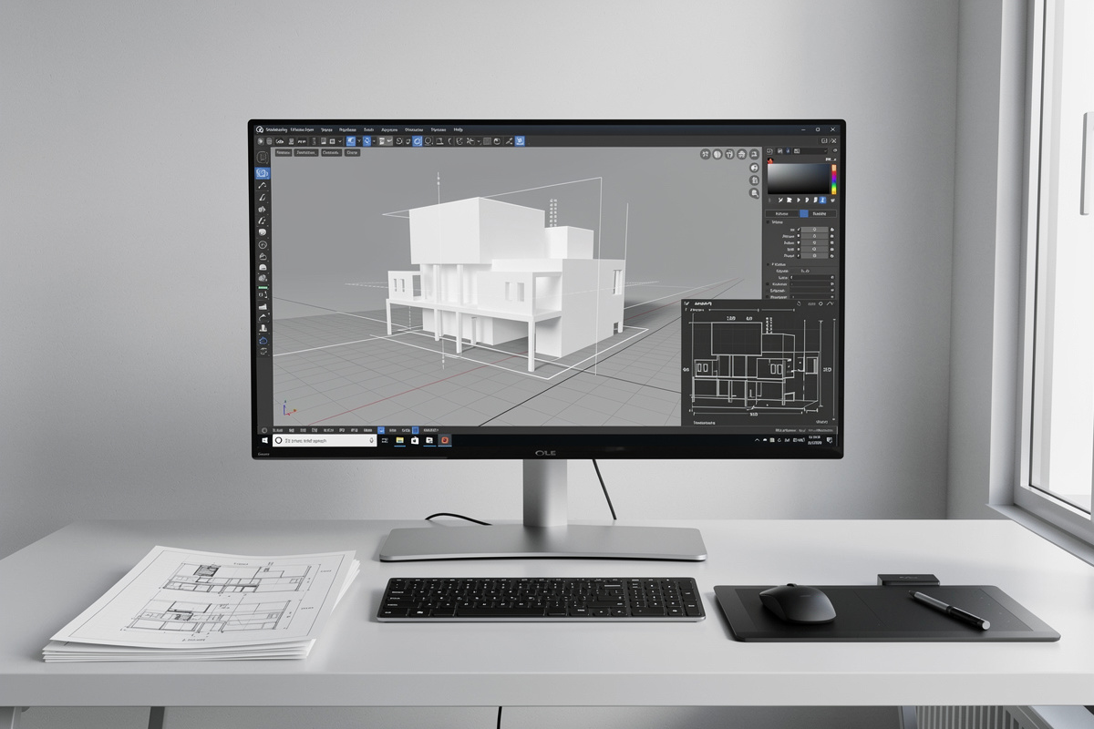 Maquette 3D de visualisation architecturale avec repères de perspective et composition