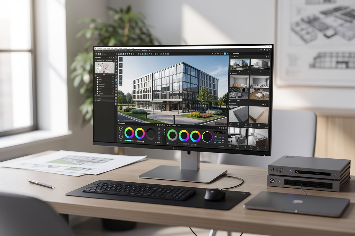 Post-production de visualisation architecturale avec rendu, réglages et livrables sur écran