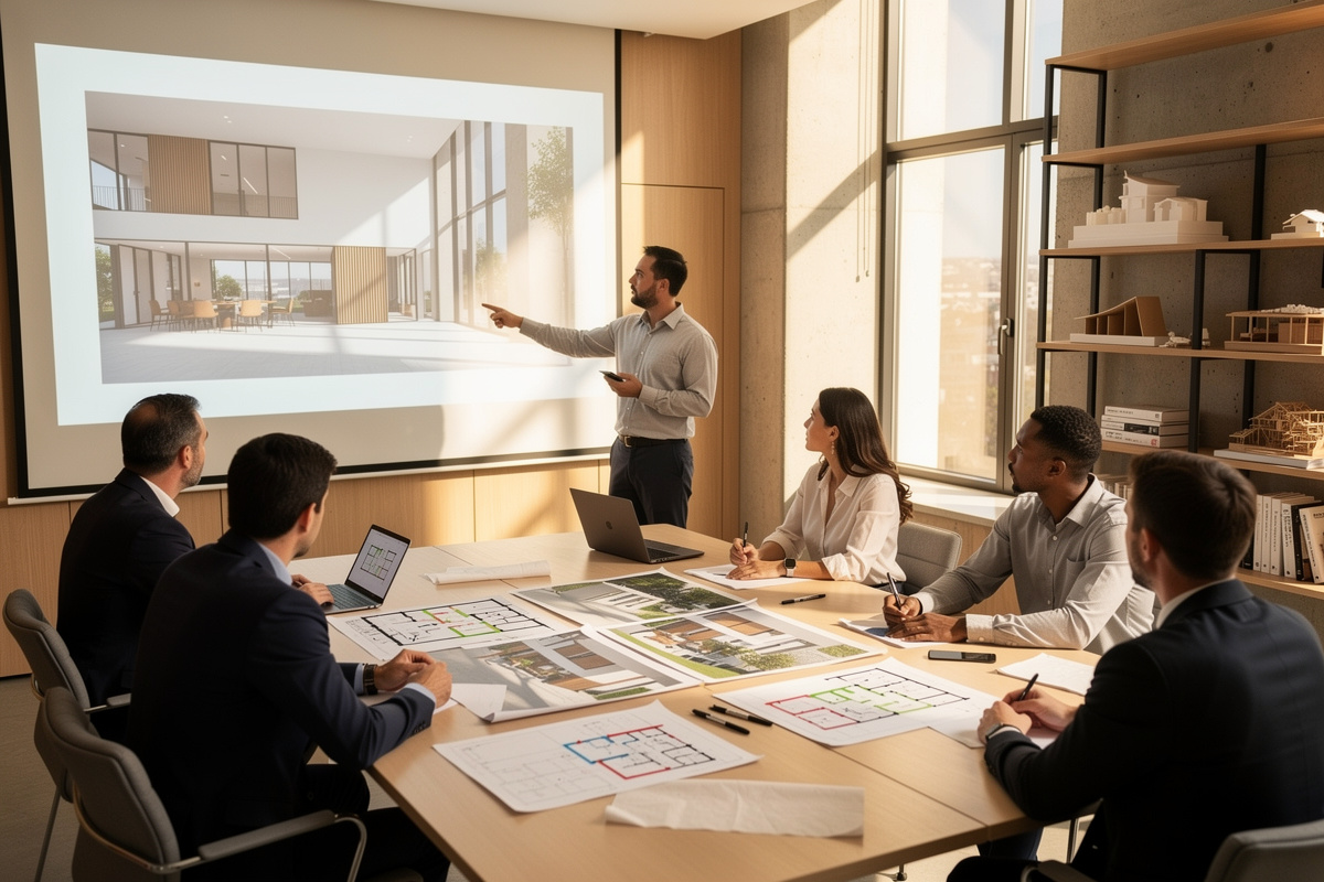 Réunion de validation d’une visualisation architecturale avec écran, plans et arbitrages